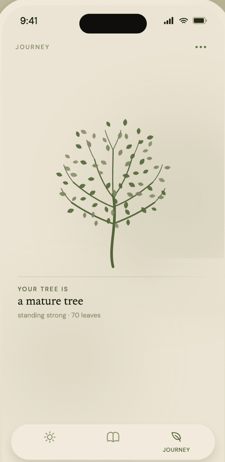 calmflect's journey screen — a tree that grows a leaf with every entry